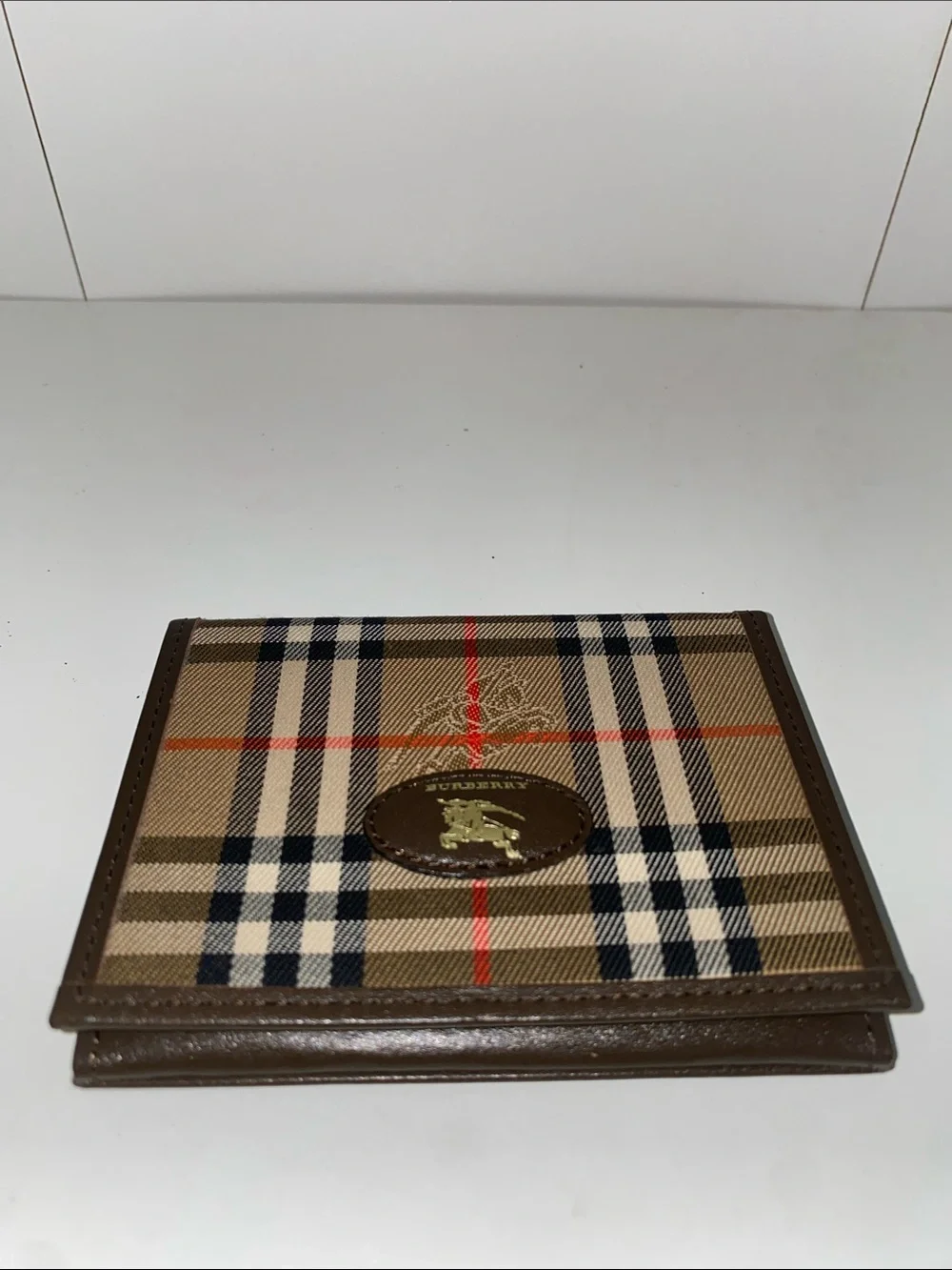 Authentic Burberry Tan Plaid Card Holder Wallet Brown Leather Trim